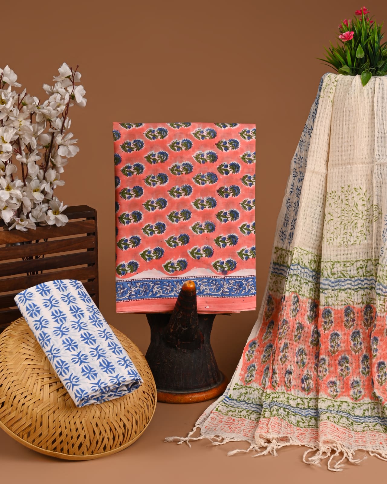 Exclusive Hand Block Cotton Suit With Kota Doriya Dupatta