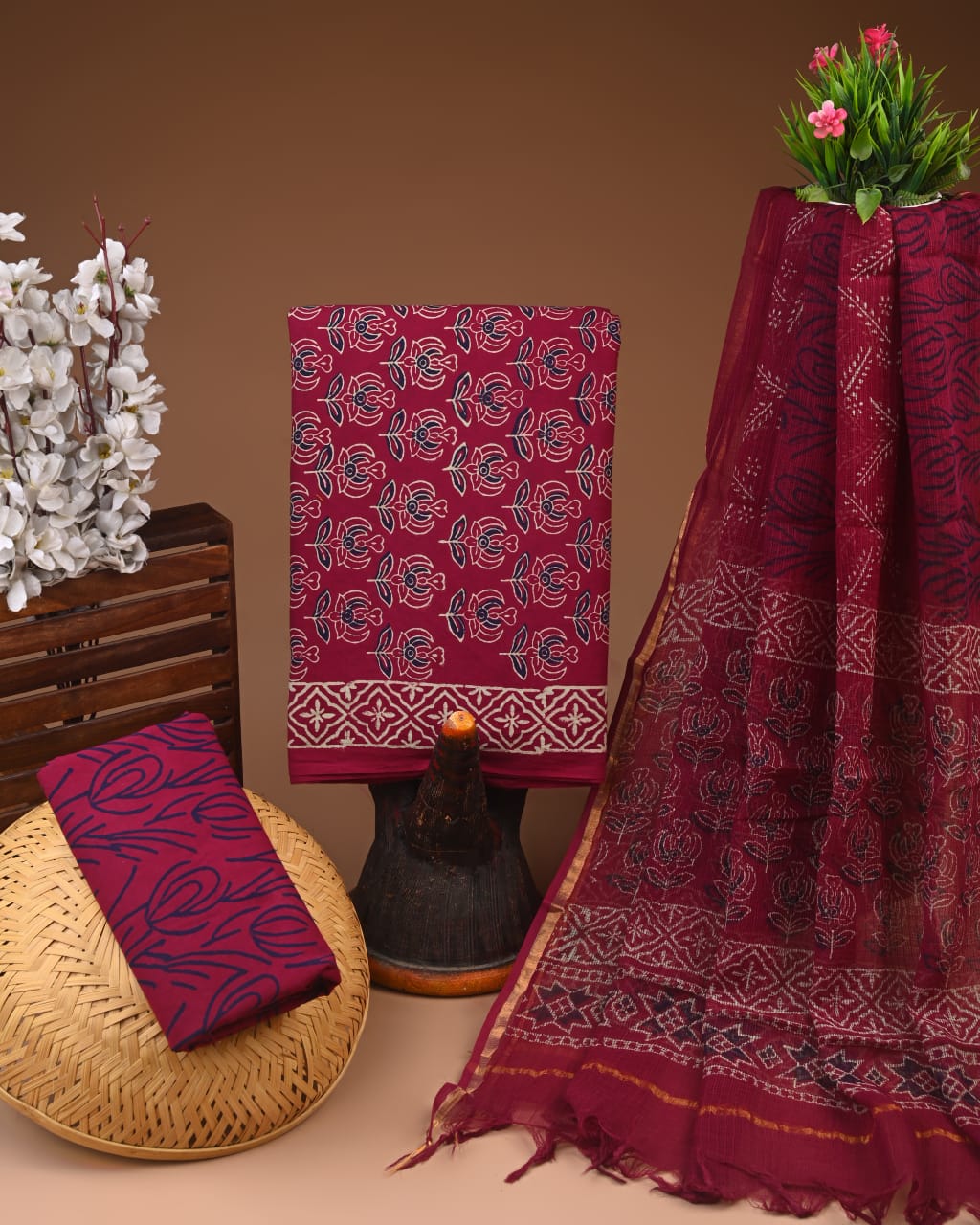 Exclusive Hand Block Cotton Suit With Kota Doriya Dupatta
