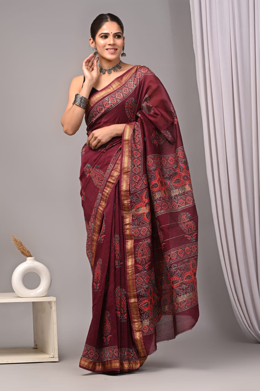 New Designer Hand Block Print Maheshwari Silk Saree