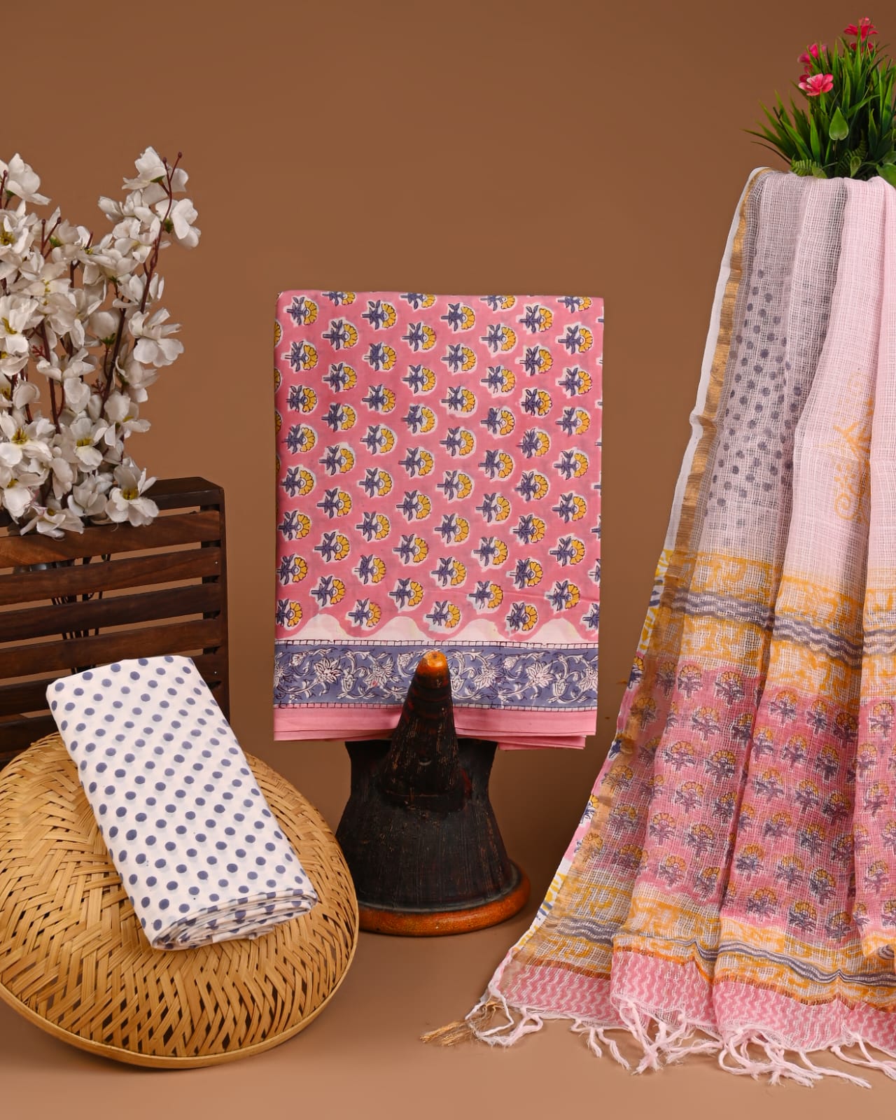 Exclusive Hand Block Cotton Suit With Kota Doriya Dupatta