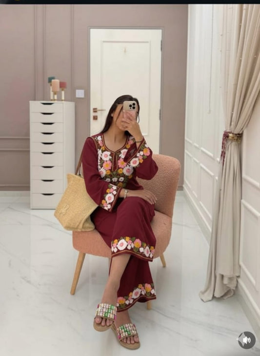 Rest and red Embroidered Co-ord Set crafted from premium pure cotton.