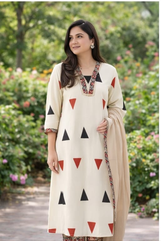 Pure fine Cotton fabric heavy KATHA WORK Kurti with Pant with cotton Dupatta