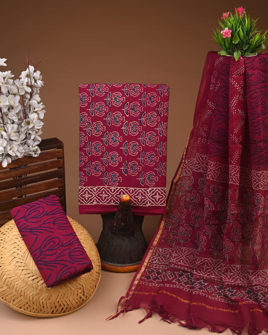 Exclusive Hand Block Cotton Suit With Kota Doriya Dupatta