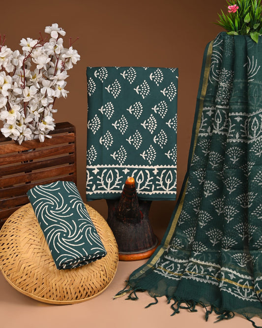 Exclusive Hand Block Cotton Suit With Kota Doriya Dupatta