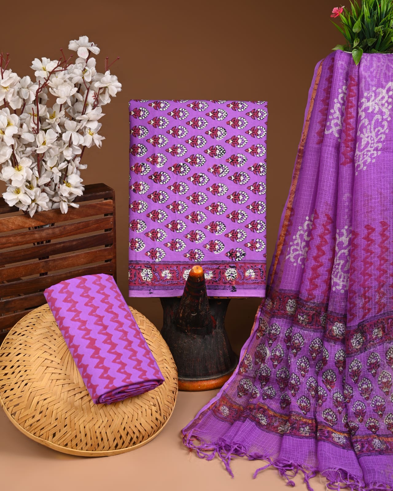 Exclusive Hand Block Cotton Suit With Kota Doriya Dupatta