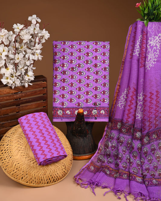 Exclusive Hand Block Cotton Suit With Kota Doriya Dupatta