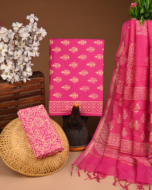 Exclusive Hand Block Cotton Suit With Kota Doriya Dupatta