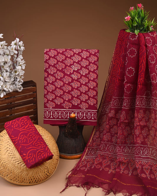 Exclusive Hand Block Cotton Suit With Kota Doriya Dupatta