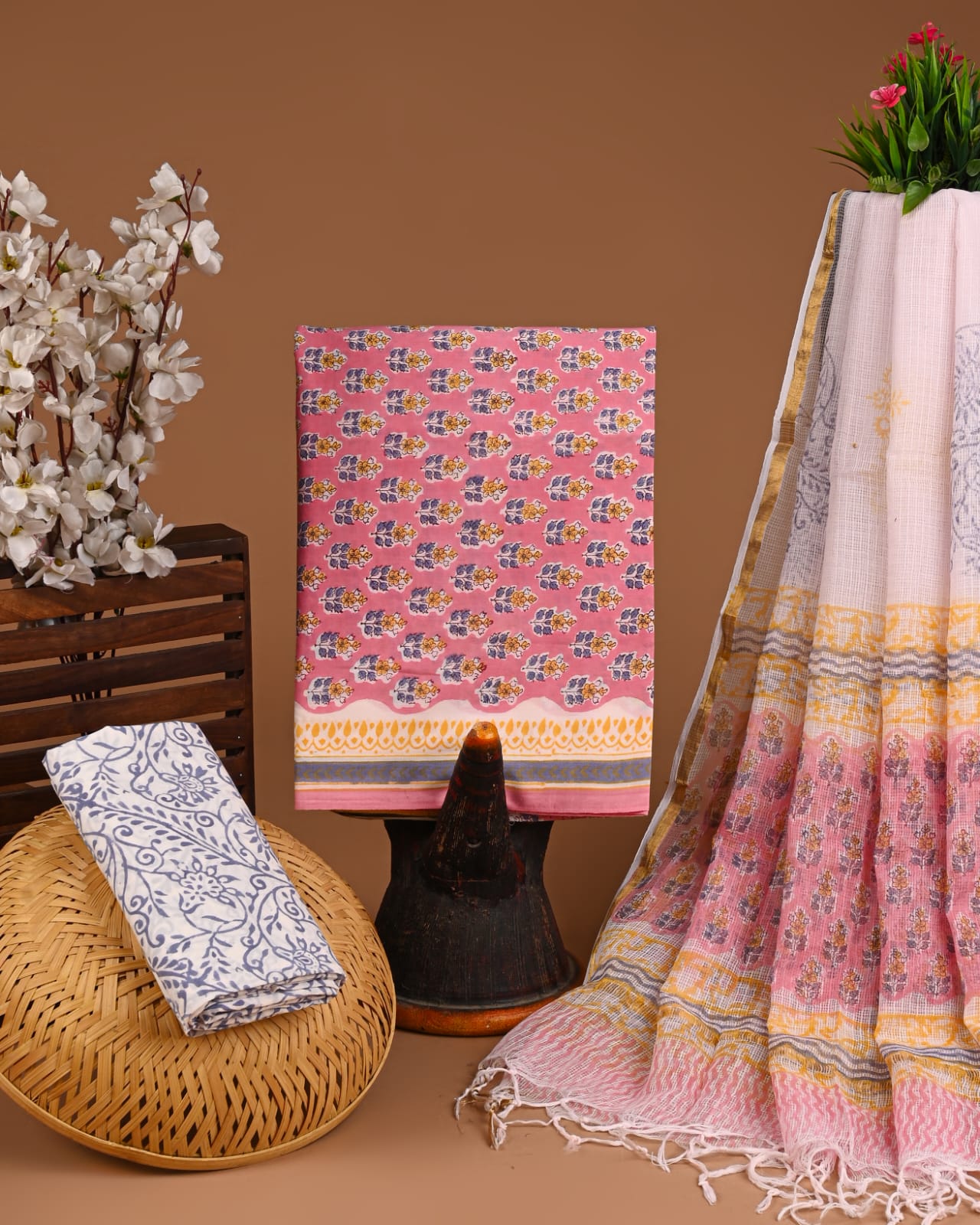Exclusive Hand Block Cotton Suit With Kota Doriya Dupatta