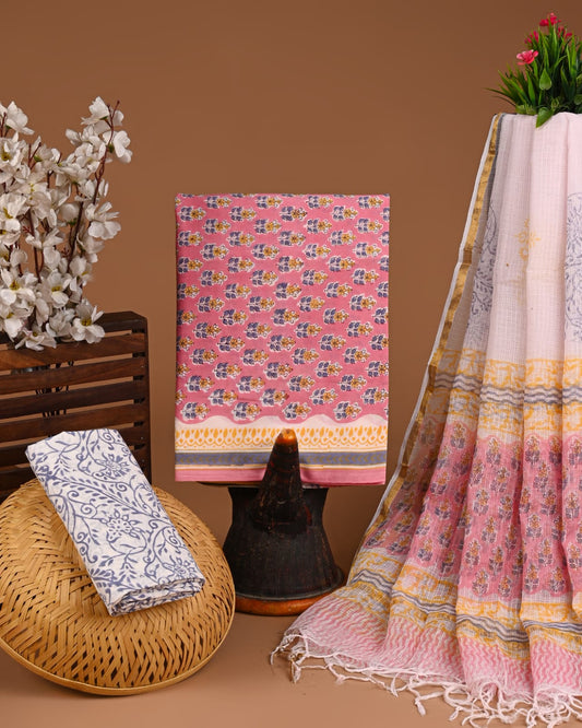 Exclusive Hand Block Cotton Suit With Kota Doriya Dupatta