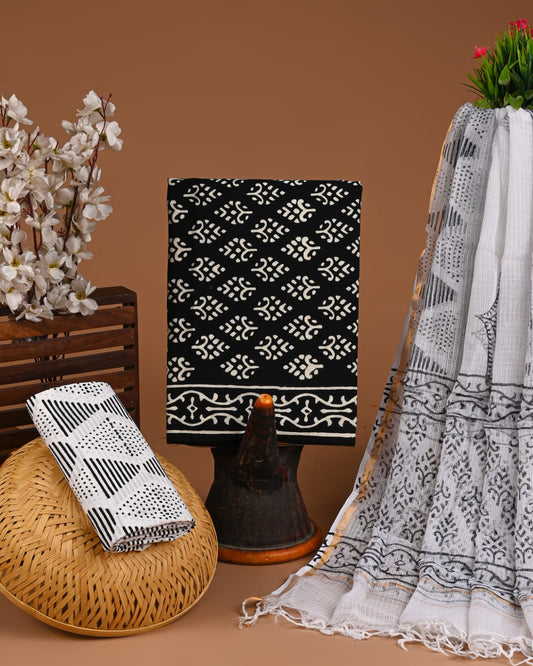 Exclusive Hand Block Cotton Suit With Kota Doriya Dupatta