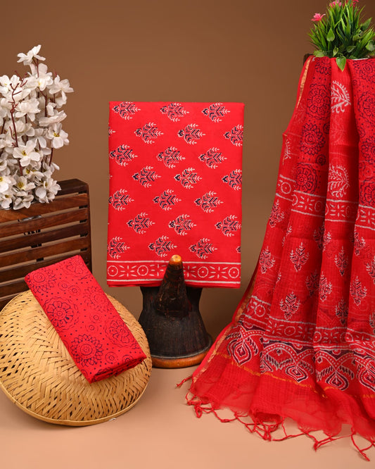 Exclusive Hand Block Cotton Suit With Kota Doriya Dupatta