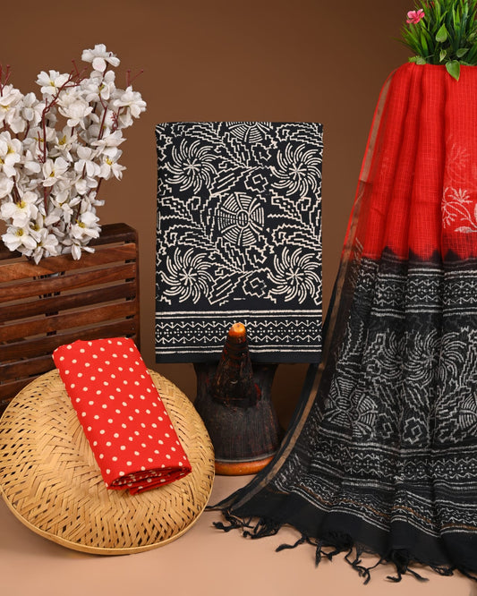 Exclusive Hand Block Cotton Suit With Kota Doriya Dupatta