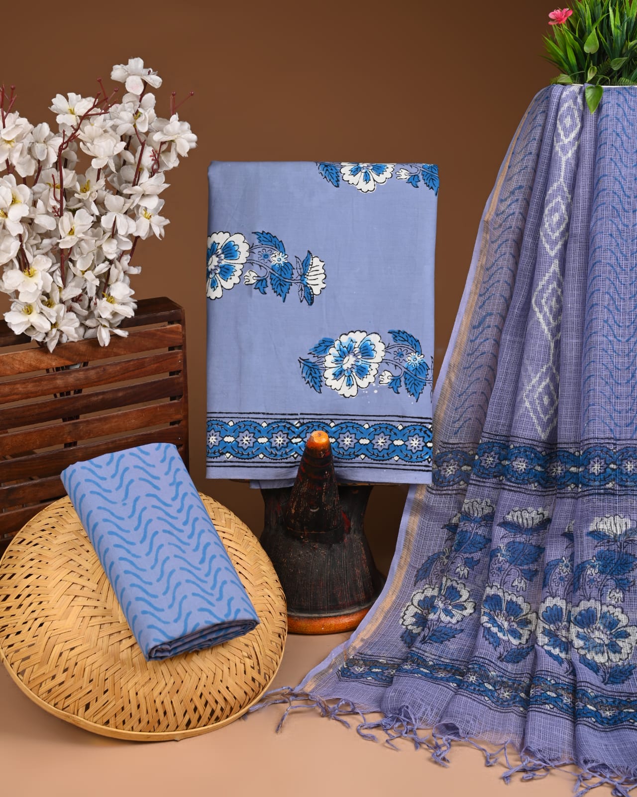 Exclusive Hand Block Cotton Suit With Kota Doriya Dupatta