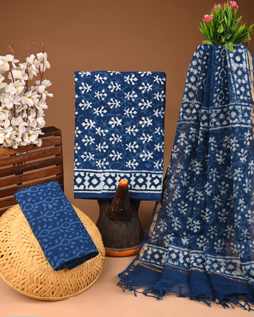 Exclusive Hand Block Cotton Suit With Kota Doriya Dupatta
