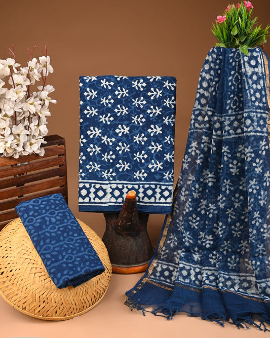Exclusive Hand Block Cotton Suit With Kota Doriya Dupatta