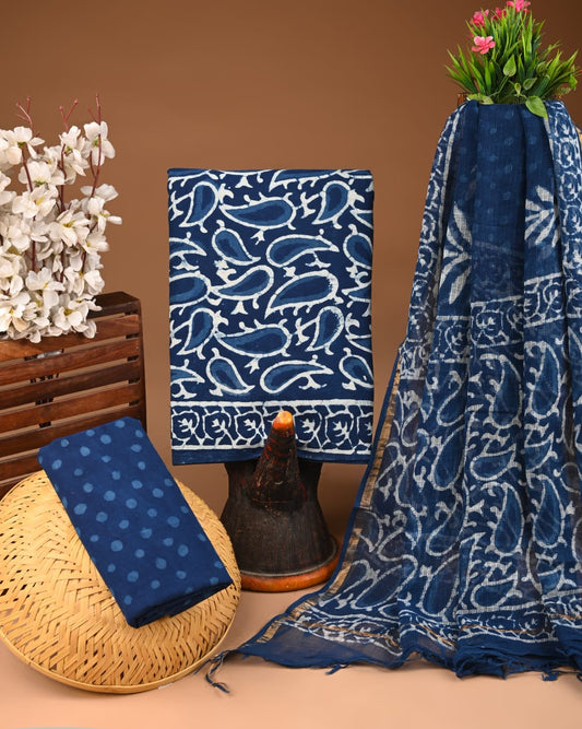 Exclusive Hand Block Cotton Suit With Kota Doriya Dupatta