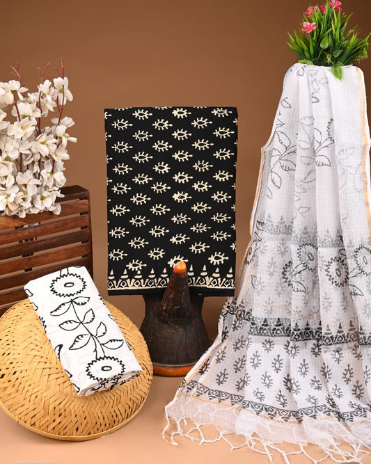 Exclusive Hand Block Cotton Suit With Kota Doriya Dupatta