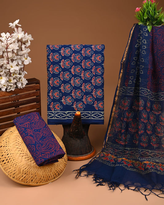 Exclusive Hand Block Cotton Suit With Kota Doriya Dupatta