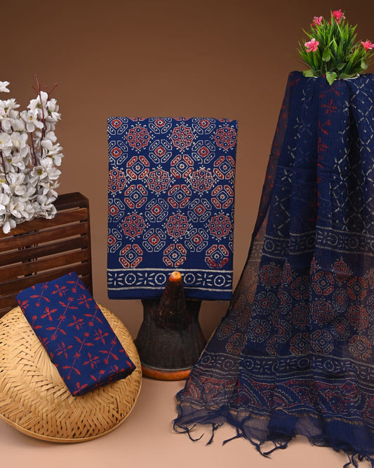 Exclusive Hand Block Cotton Suit With Kota Doriya Dupatta