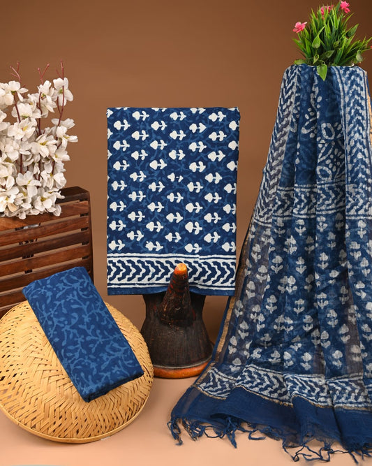 Exclusive Hand Block Cotton Suit With Kota Doriya Dupatta