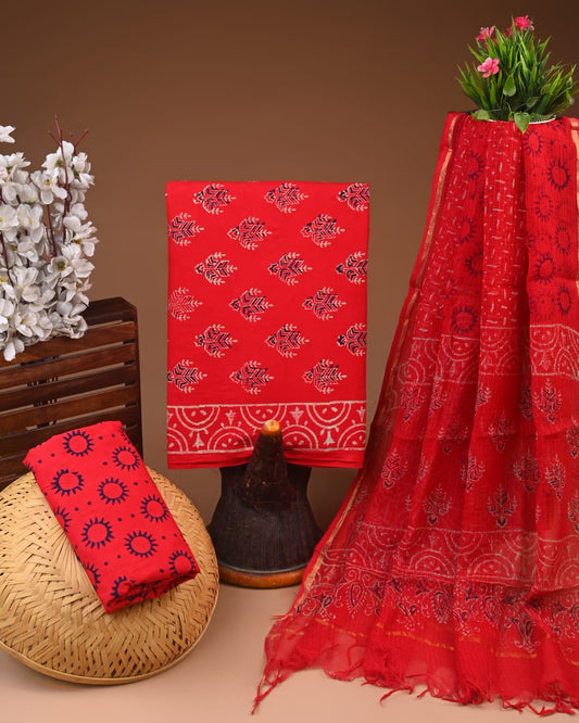Exclusive Hand Block Cotton Suit With Kota Doriya Dupatta