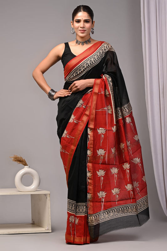 New Designer Hand Block Print Maheshwari Silk Saree