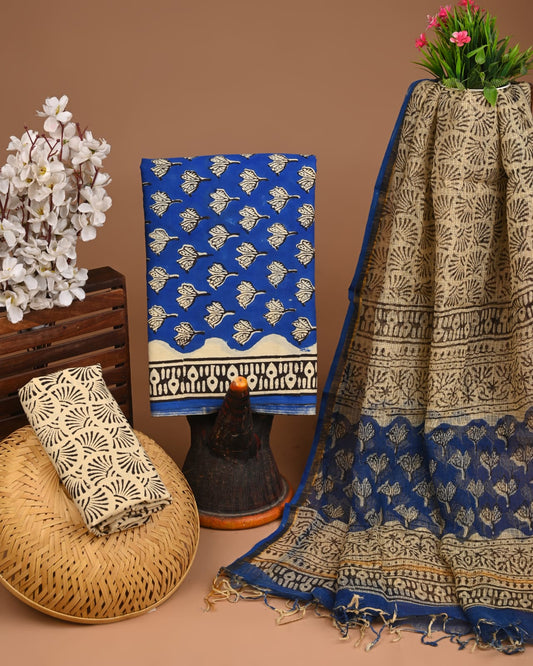 Exclusive Hand Block Cotton Suit With Kota Doriya Dupatta
