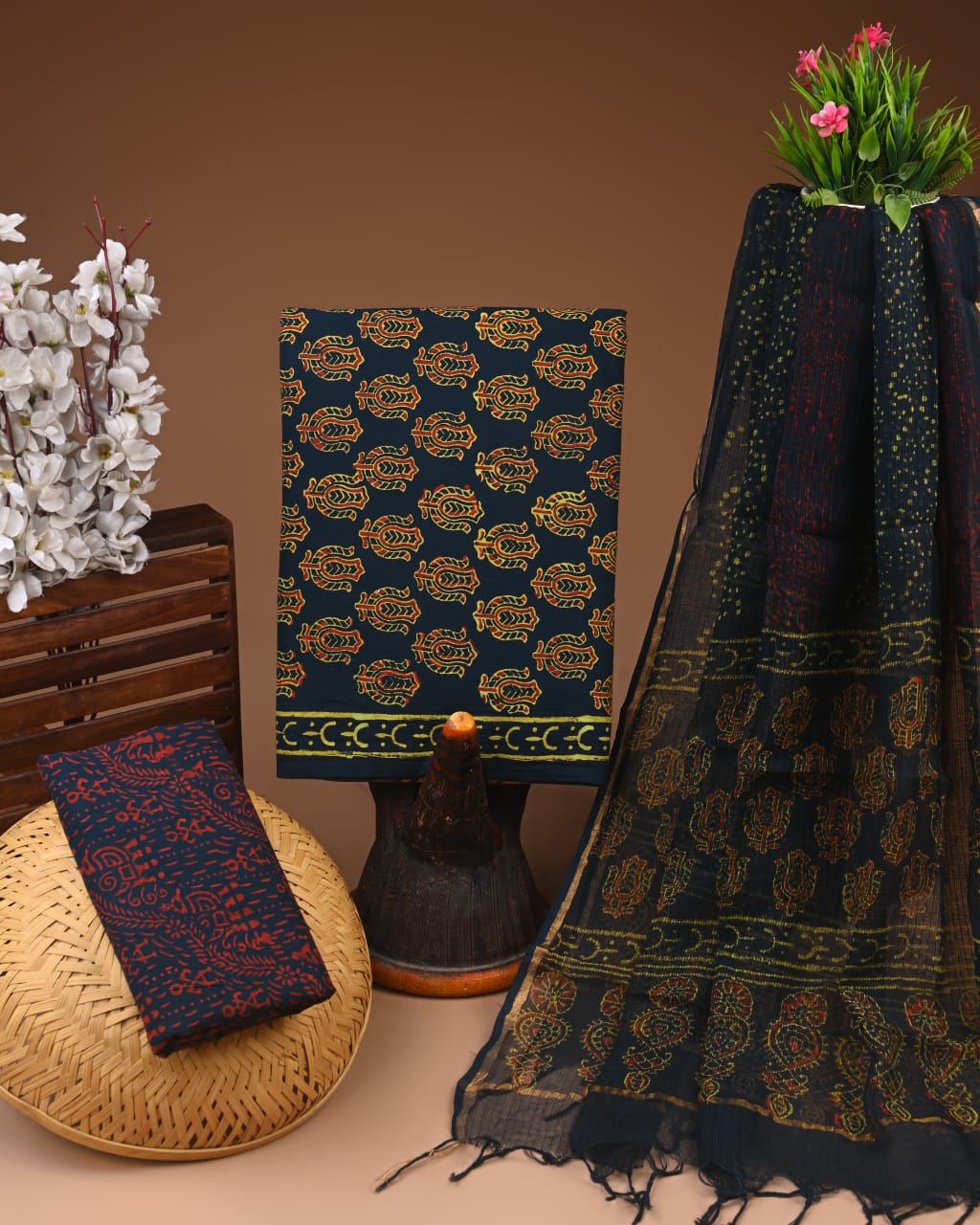 Exclusive Hand Block Cotton Suit With Kota Doriya Dupatta