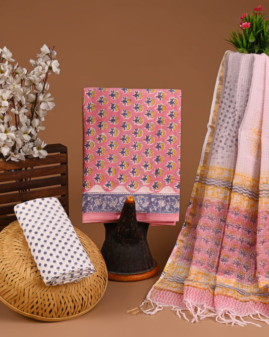 Exclusive Hand Block Cotton Suit With Kota Doriya Dupatta