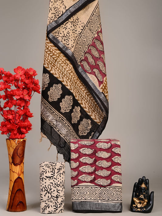 Exclusive Hand Block Linen Suit With Linen Dupatta(VkLS15)