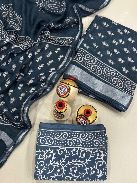 Exclusive Hand Block Linen Suit With Linen Dupatta(VkLS21)