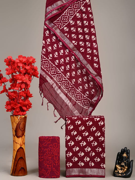 Exclusive Hand Block Linen Suit With Linen Dupatta(VkLS18)