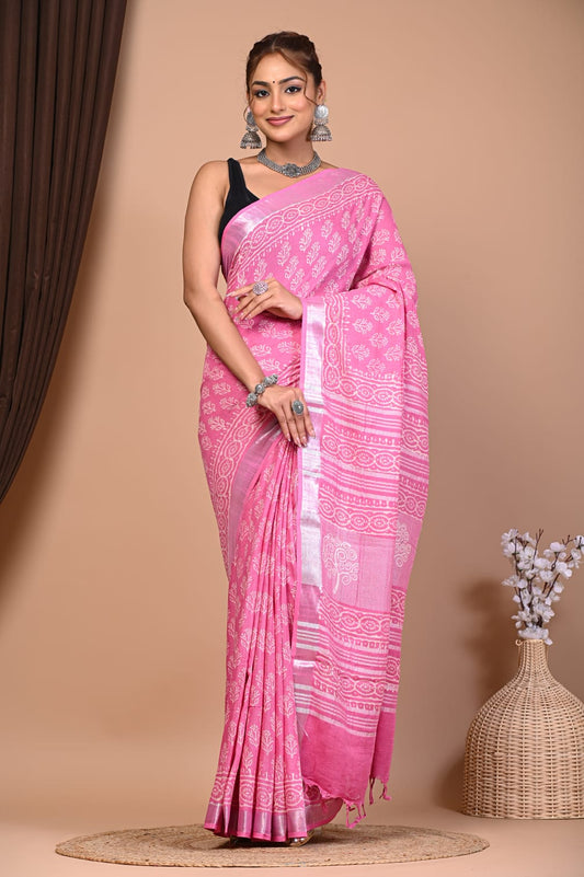 Exclusive Hand Block Linen Saree (VKLS08)