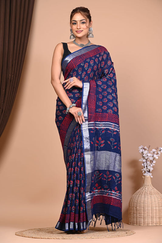 Exclusive Hand Block Linen Saree (VKLS14)