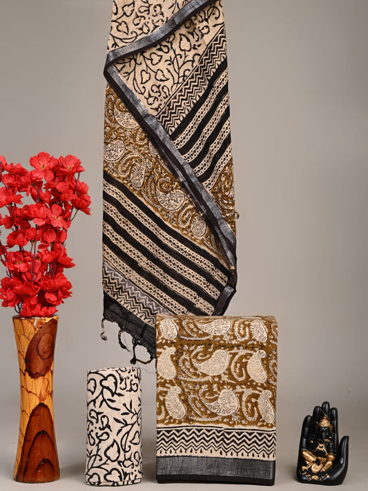 Exclusive Hand Block Linen Suit With Linen Dupatta(VkLS17)
