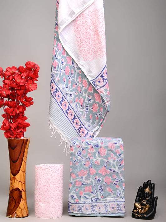 Exclusive Hand Block Linen Suit With Linen Dupatta(VkLS38)