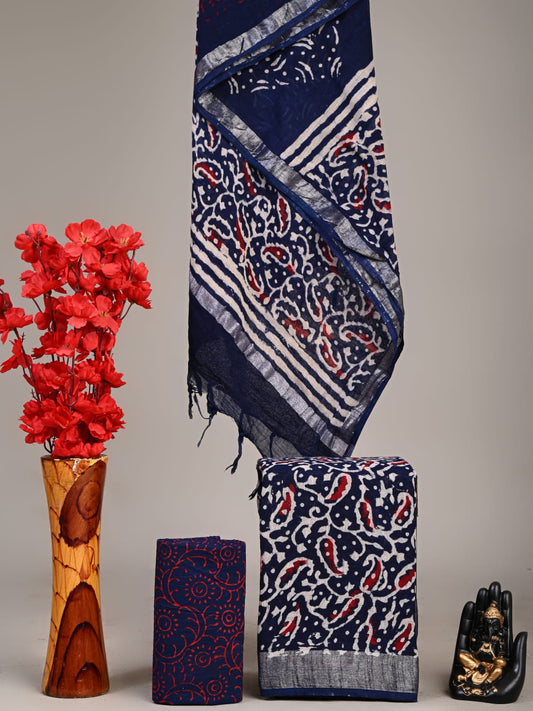 Exclusive Hand Block Linen Suit With Linen Dupatta(VkLS48)