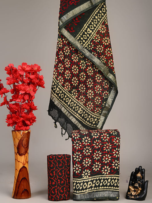 Exclusive Hand Block Linen Suit With Linen  Dupatta(VkLS09)