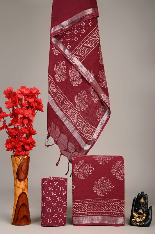 Exclusive Hand Block Linen Suit With Linen Dupatta(VkLS41)