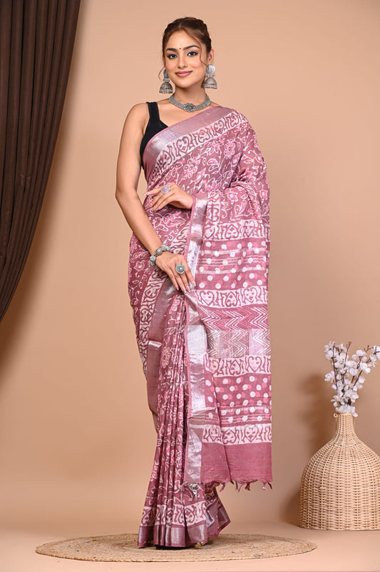 Exclusive Hand Block Linen Saree (VKLS05)