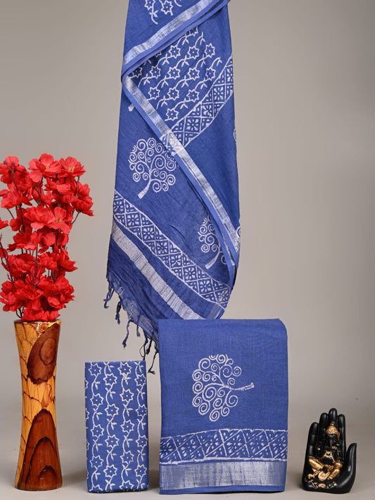 Exclusive Hand Block Linen Suit With Linen Dupatta(VkLS16)