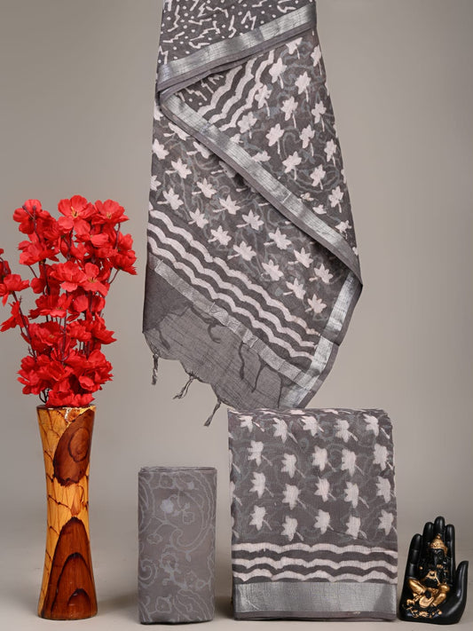 Exclusive Hand Block Linen Suit With Linen Dupatta(VkLS45)