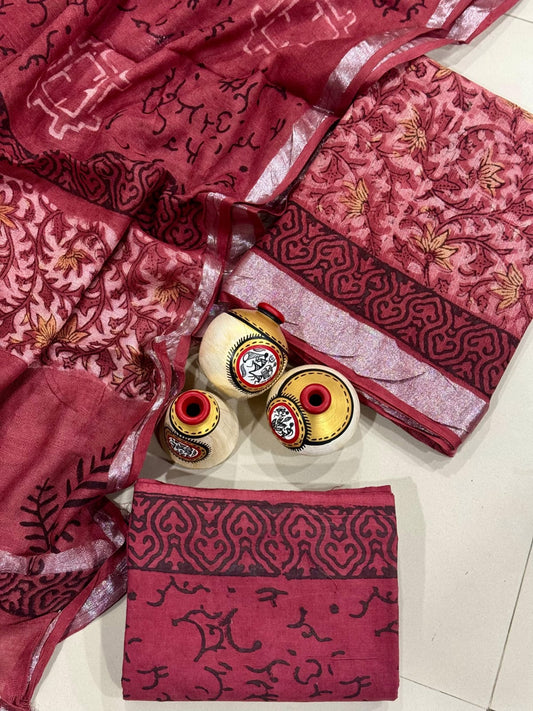 Exclusive Hand Block Linen Suit With Linen Dupatta(VkLS14)