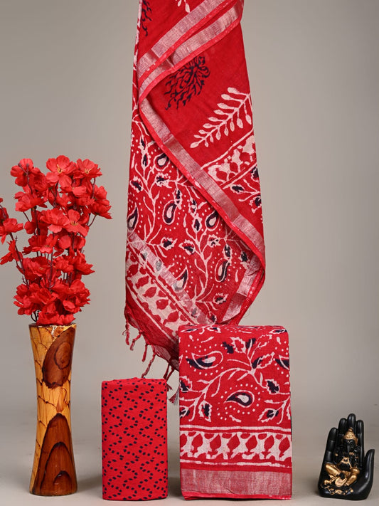 Exclusive Hand Block Linen Suit With Linen Dupatta(VkLS49)