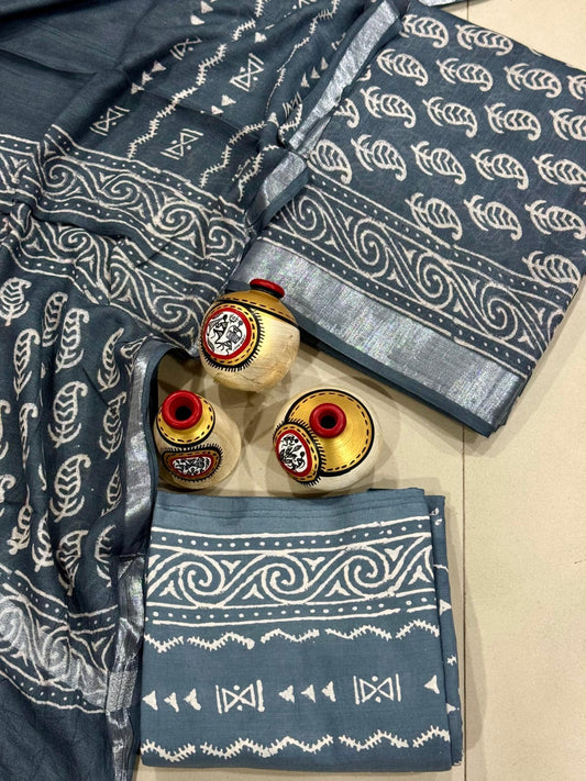 Exclusive Hand Block Linen Suit With Linen Dupatta(VkLS13)