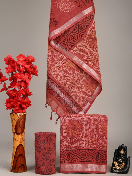Exclusive Hand Block Linen Suit With Linen Dupatta(VkLS29)