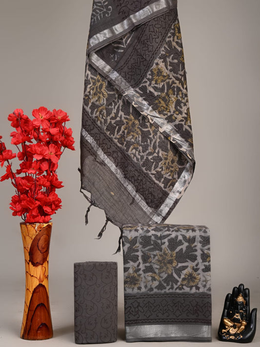 Exclusive Hand Block Linen Suit With Linen Dupatta(VkLS26)