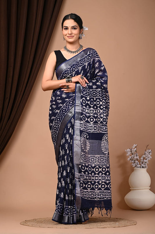 Exclusive Hand Block Linen Saree (VKLS01)