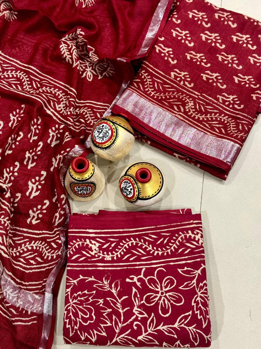 Exclusive Hand Block Linen Suit With Linen Dupatta(VkLS15)